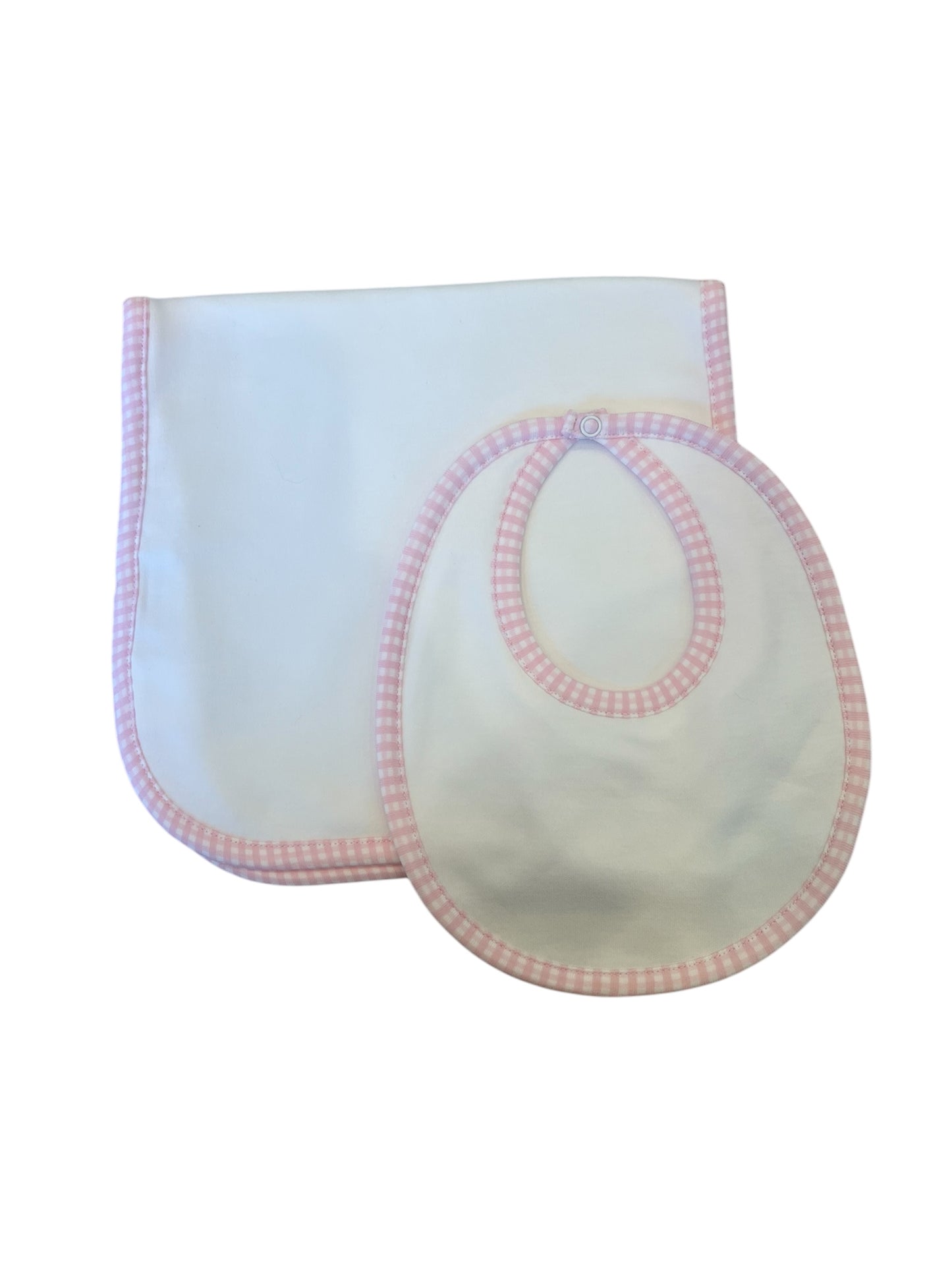 Pink Gingham Bib and Burp Cloth Set