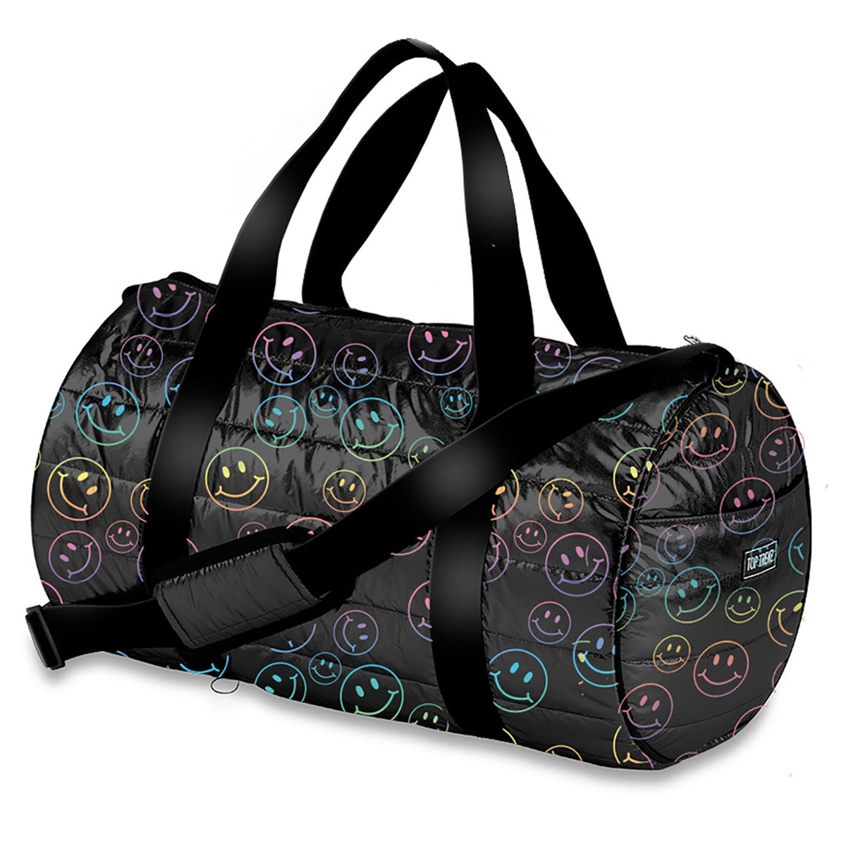 Black Smiley Puffer Stripe Duffel Overnight Bag