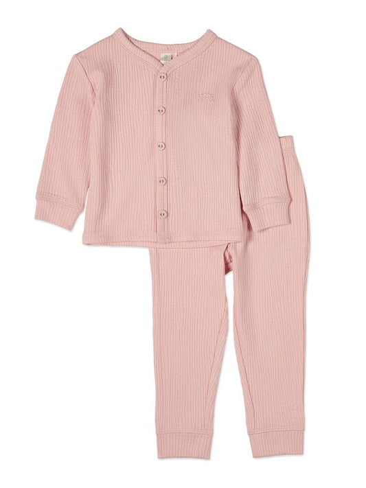 Mini Moi Pink Solid Ribbed Pajamas