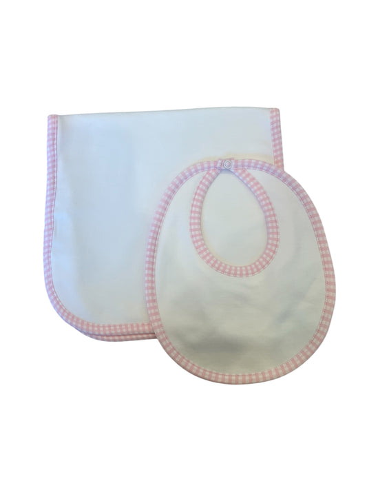 Pink Gingham Bib and Burp Cloth Set
