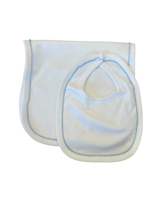 White with Blue Bib and Burpcloth Set