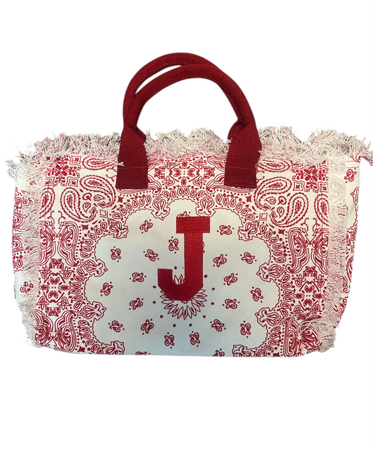 Red Paisley Canvas Fringe Beach Bag