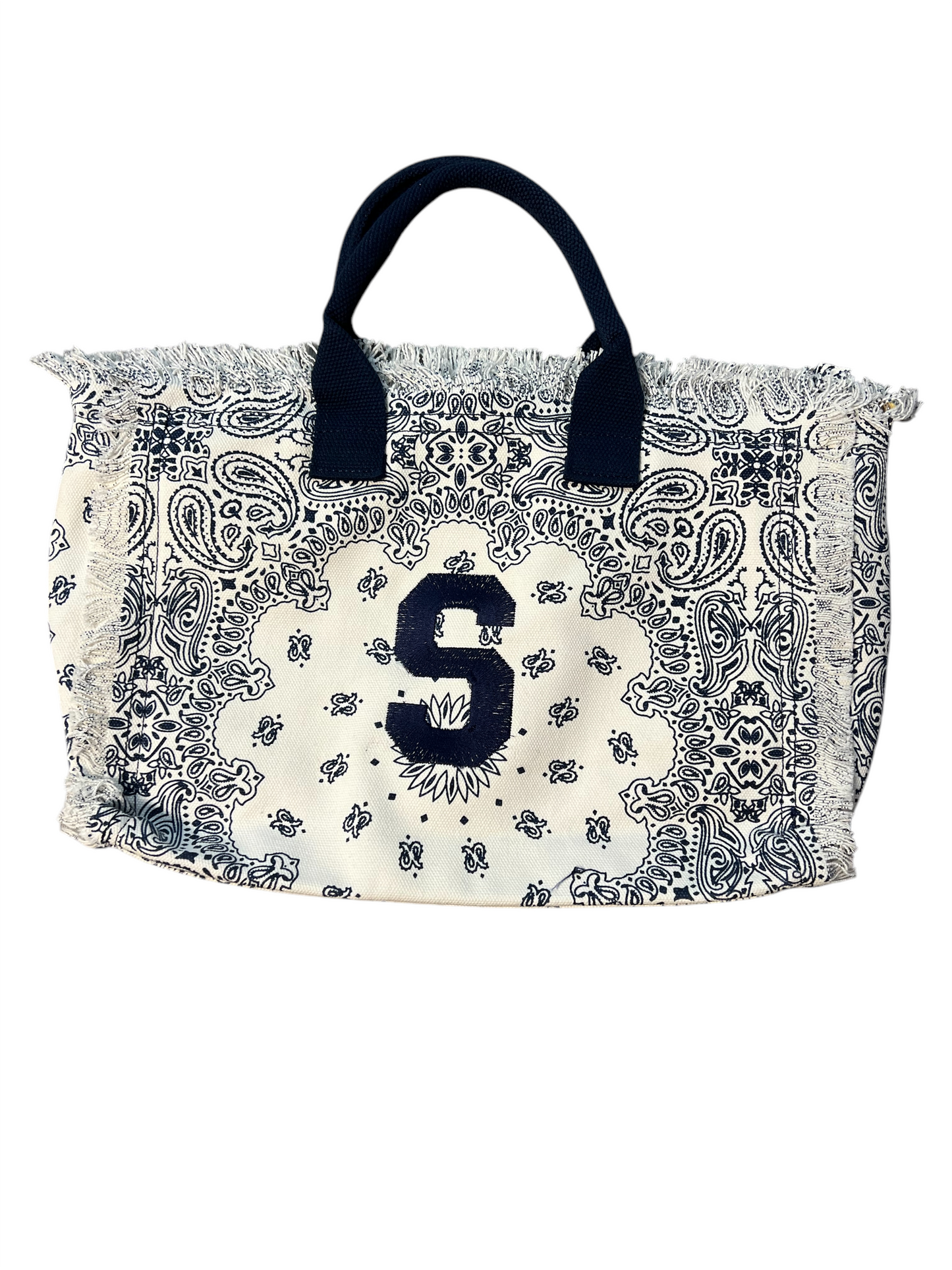 Navy Paisley Canvas Fringe Beach Bag