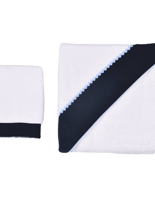 Navy Trim Baby hooded towel and Wash Cloth