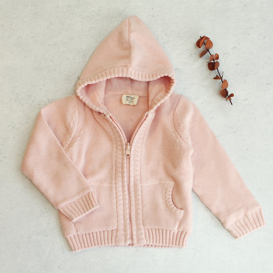 Pink Knit Hooded Zip up Sweater