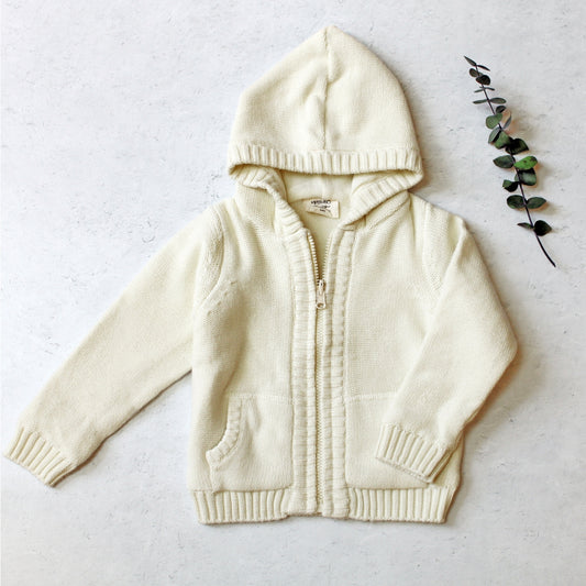 Cream Knit Hooded Zip up Sweater