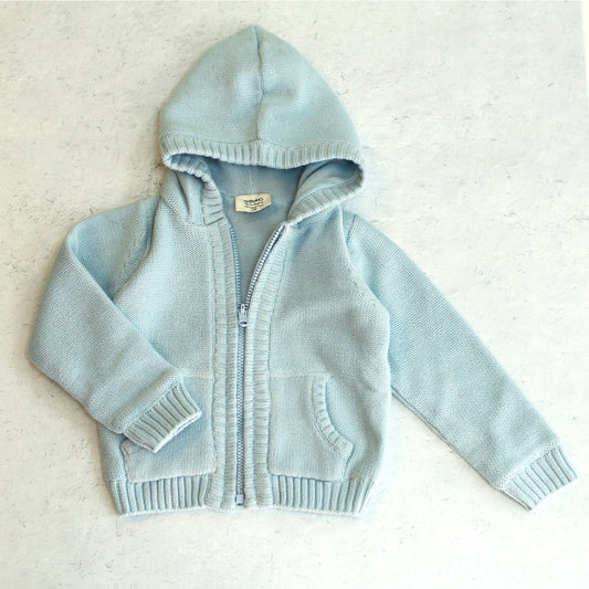 Blue Knit Hooded Zip up Sweater