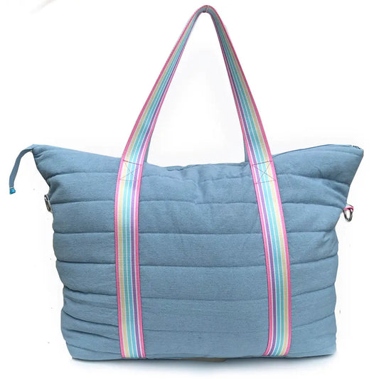 Denin Puffer Stripe Duffel Overnight Bag