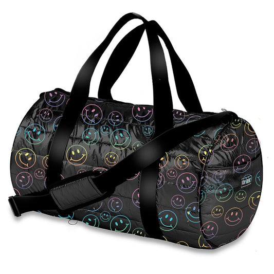 Black Smiley Puffer Stripe Duffel Overnight Bag